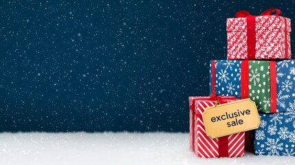 Obraz premium Festively Wrapped Gift Boxes For Exclusive Holiday Sale Surrounded By Magical Snowfall Atmosphere. Christmas Sale, Gifts, Exclusive Concept