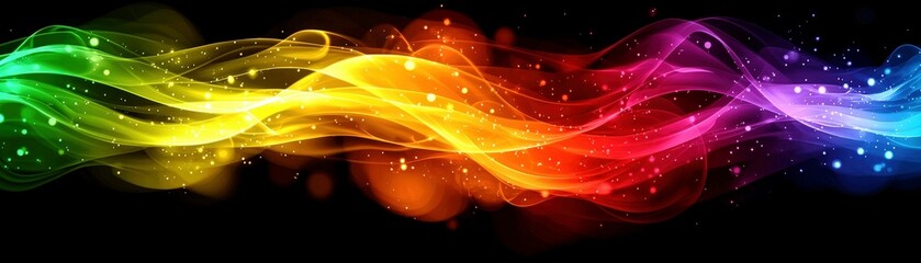 Colorful abstract wave background with vibrant rainbow hues and luminous particles, perfect for modern design projects and artistic presentations showcasing creativity and energy.
