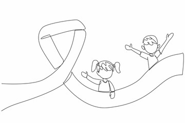 Single continuous line drawing two children sliding down a ribbon campaign-shaped slide. Sense of joy and freedom. Optimistic. International Childhood Cancer Day. One line design vector illustration