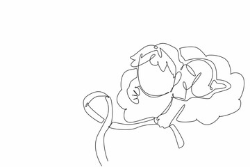 Continuous one line drawing a boy sleeping face down on cloud hold ribbon. Dreams and aspirations. Hope and support. International Childhood Cancer Day. Single line draw design vector illustration