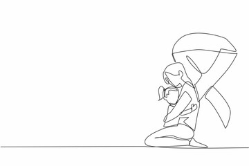 Continuous one line drawing a mother kneels embracing her child. Sense of strength, resilience, and unwavering love. International Childhood Cancer Day. Single line draw design vector illustration