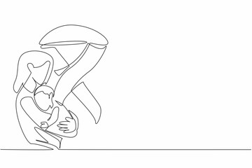 Single continuous line drawing a mother holding a baby. Sense of protection and nurturing. Guardian mother. Protective. Caring. International Childhood Cancer Day. One line design vector illustration