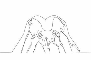 Single continuous line drawing the five hands holding a heart shape together. Demonstrating the power of togetherness. Unity and love. Random Acts of Kindness Day. One line design vector illustration