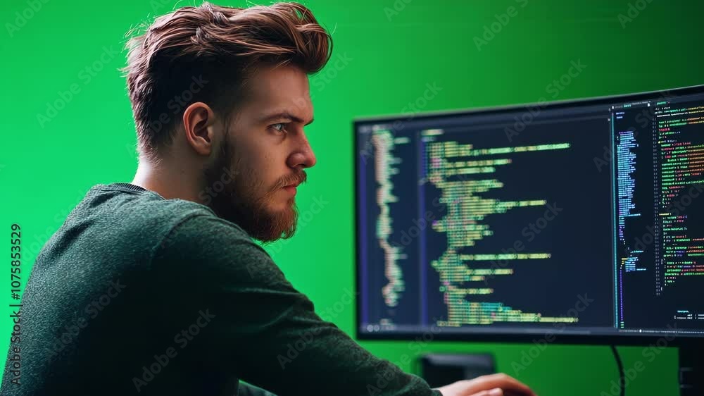 Poster software developer is working on a computer with a green screen, focusing on the lines of code displ