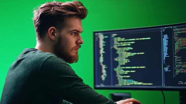 Software developer is working on a computer with a green screen, focusing on the lines of code displayed on the monitor