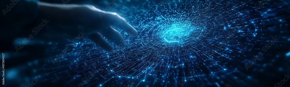 Poster a hand reaching towards a vibrant, swirling galaxy of blue light particles, symbolizing connection a