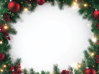 A festive wreath adorned with red ornaments and twinkling lights, framing a blank space for custom messages or decorations.