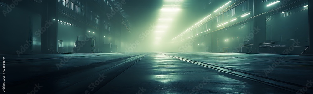 Aufkleber a dimly lit industrial space with reflections on wet surfaces, showcasing a mysterious environment i