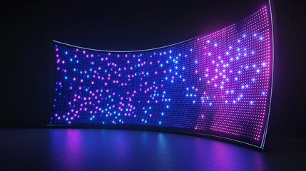 genuine concave LED wall or platform display. A vector illustration of a large TV display with neon blue and purple dot lights. Diode-lit digital scoreboard in a stadium