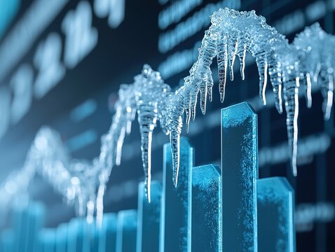 Frost-covered ice graph bars symbolize economic chill or downturn amid a digital business environment, merging finance and nature in a striking visual metaphor.
