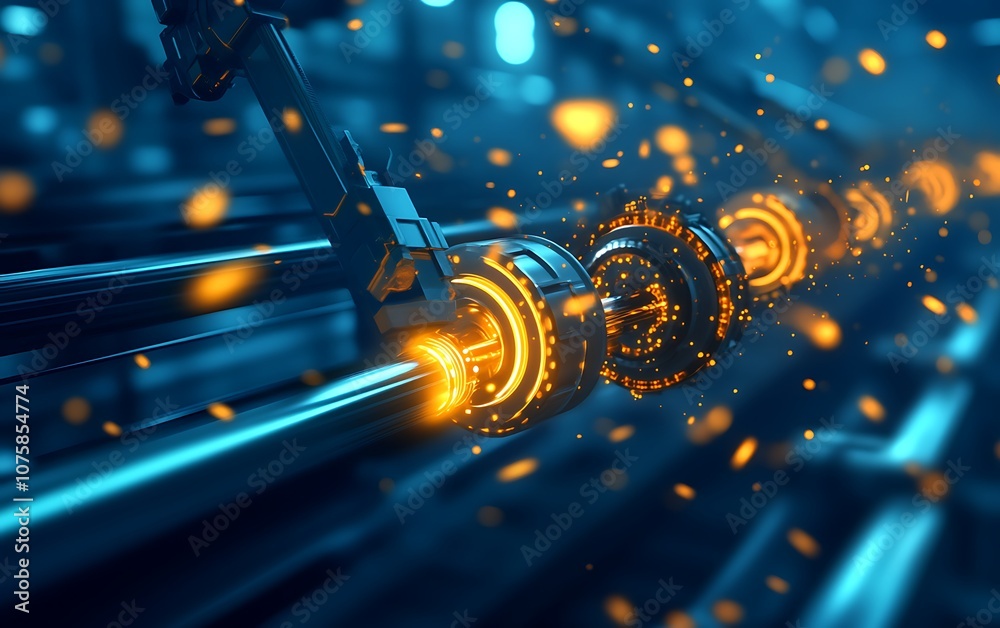 Aufkleber A close-up of a modern robotic arm engaging with glowing machinery, surrounded by sparks in a high-tech industrial environment.