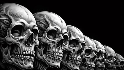 Black and White Skull Heads Collection for Creative Projects with Ample Copy Space for Custom Text and Graphics Use, Ideal for Tattoo Design, Halloween Themes, or Artistic Illustrations