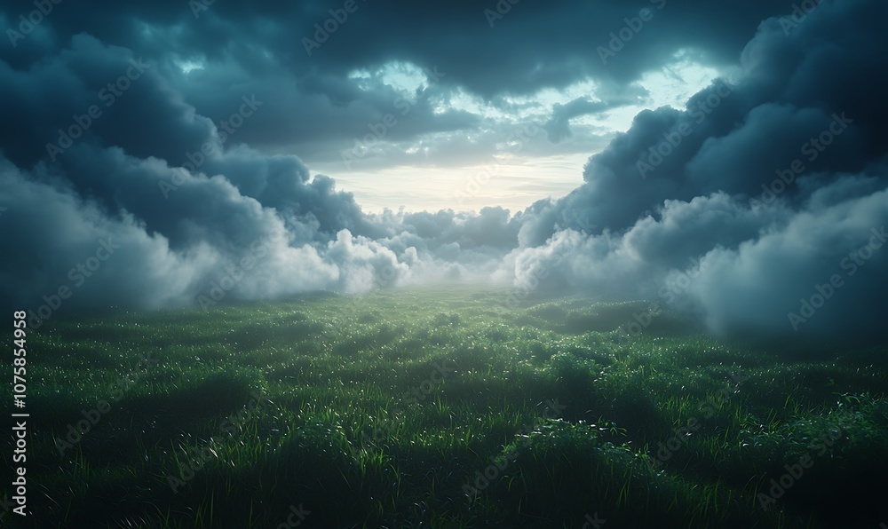Poster a serene landscape under dark clouds, with a lush green field illuminated by soft light in the dista