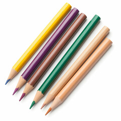 Fototapeta premium Six Colour Wooden Pencils on White Background, colored pencils, drawing, art, crayons, stationery