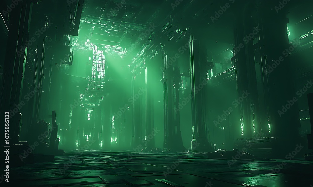 Aufkleber A mysterious, green-lit cavern with towering pillars and rays of light piercing through, creating an ethereal atmosphere.