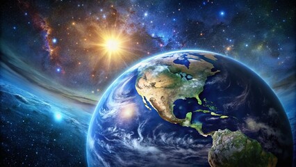 Fototapeta premium Breathtaking Earth View from Space with a Starry Sky Backdrop Emphasizing the Beauty of Our Planet in the Cosmos, Capturing the Vastness of the Universe and Celestial Wonders