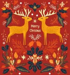 A festive illustration featuring two golden reindeer surrounded by flowers and leaves, with "Merry Christmas" prominently displayed on a red background.