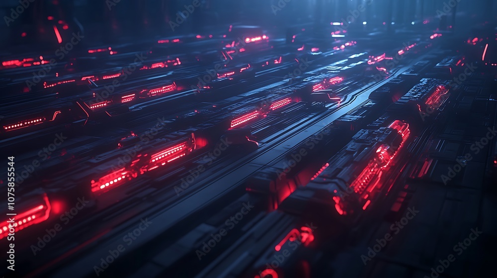 Poster a dimly lit scene featuring rows of glowing red lights, suggesting a futuristic or sci-fi environmen