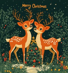 Cute reindeer beside a Christmas tree with a festive greeting, featuring a wintery scene filled with greenery and colorful ornaments.