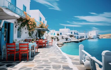 Fototapeta premium Scenic waterfront with white buildings, vibrant flowers, and colorful chairs by the sea.