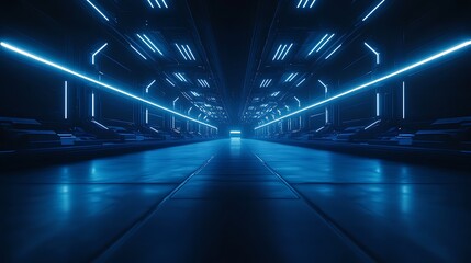 Fototapeta premium A futuristic, neon-lit corridor with glowing blue lines, evoking a sci-fi atmosphere perfect for technology and cyberpunk themes.
