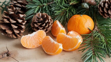Pile of oranges and pine cones on a table