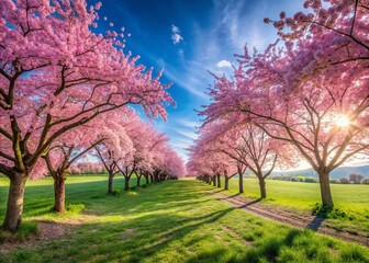 Obraz premium Breathtaking Panoramic View of Cherry Blossom Trees in Bloom During Spring, Capturing the Delicate Pink Petals Against a Clear Blue Sky and Lush Green Landscape