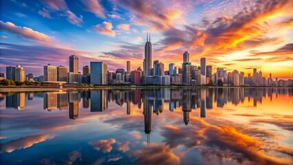 Fototapeta premium Breathtaking Panoramic View of Chicago Skyline Showcasing Iconic Architecture Against a Vibrant Sunset Sky, Perfect for Cityscape Lovers and Urban Photography Enthusiasts