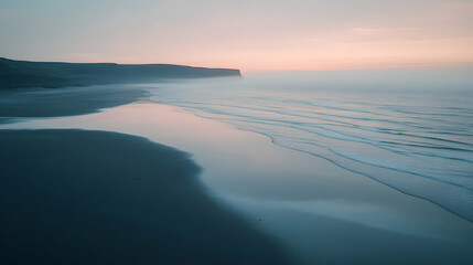 Serene Coastal Sunset with Fog, beach, ocean, waves, sea, sand