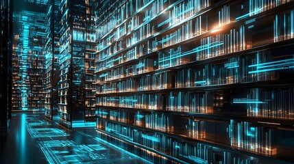 Futuristic Holographic Library with Glowing Data Streams Enabling Remote Learning