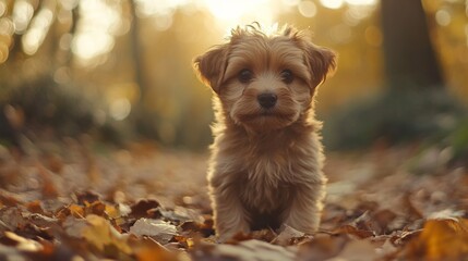 Golden Puppy Among Autumn Leaves