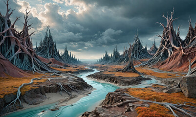 A winding river flows through a surreal landscape of gnarled trees and rocky formations under a cloudy sky