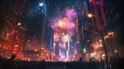 Lively big city during New Year's Eve, with colorful fireworks,