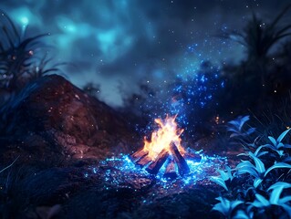 Fototapeta premium Glowing Blue Campfire Burning on an Alien Planet under Starry Skies Symbolizing and the Unknown