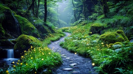 Obraz premium Enchanted Pathway Through Lush Green Forest with Glowing Fireflies Under Soft Misty Light and Tranquil Flowing Stream in Background