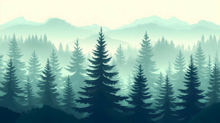 Fototapeta premium Misty Forest Landscape, trees, pine trees, mountains, fog, nature