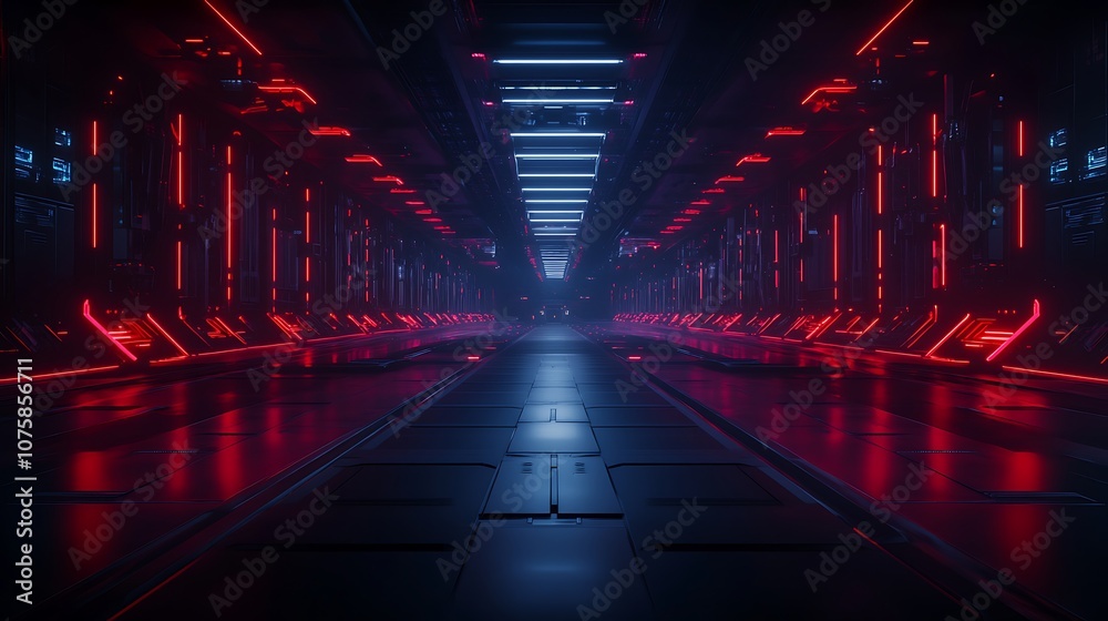 Poster a futuristic corridor illuminated by red and blue lights, creating a sci-fi atmosphere with sleek, m