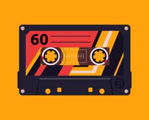 Cartoon old school audio tape. Retro music cassette poster, audio tape backdrop, pop culture audio cassette flat vector background illustration. Vintage cassette design