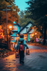 Fototapeta premium A kid in town on Halloween with pumpkin