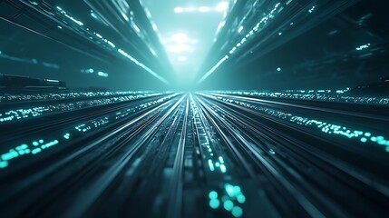 A futuristic digital landscape with glowing lines and particles, creating an illusion of depth and movement in a cybernetic setting.