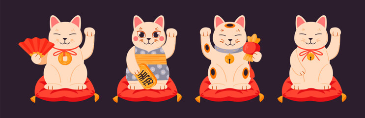 Fortune cats. Cute traditional Japanese lucky cats, asian maneki neko fortune cat toys flat vector illustration set. Cartoon maneki neko on pillows