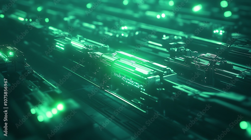 Aufkleber A close-up view of a circuit board with glowing green lights, showcasing advanced technology and intricate electronic pathways.