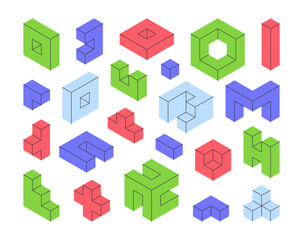 Isometric shapes. Geometric constructor details, game blocks, puzzle or mosaic logic game elements 3d vector illustration set. Isometry geometric shapes on white