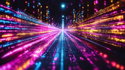 Obraz premium A digital glitch background with vibrant, distorted lines and fragmented pixels in neon colors. , isolated on white background, , copy space, copy space for text,