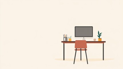 Minimalist flat design: Empty desk with a desktop computer