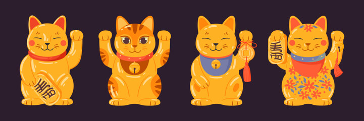 Japanese fortune cats. Asian golden maneki neko fortune cat toys, cute traditional lucky cats flat vector illustration set. Cartoon gold maneki neko