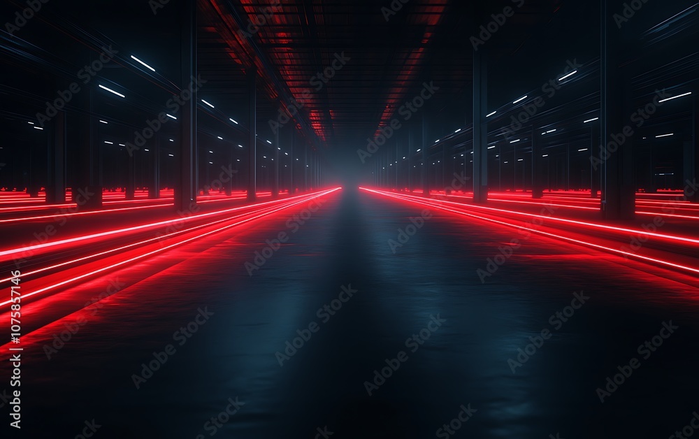 Aufkleber An abstract scene featuring glowing red lights in a dark, expansive space, creating a sense of depth and a futuristic atmosphere.