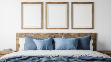 Minimalist Bedroom Interior Design with Wooden Headboard and Blue Pillows