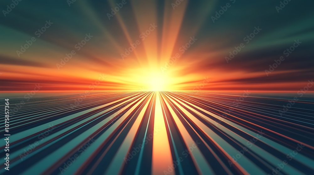 Poster A vibrant sunset casts radiant rays over wavy patterns, creating a mesmerizing view that blends colors and shapes in a serene landscape.