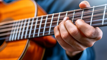 Obraz premium Close-up of a hand playing an acoustic guitar, music, musician, instrument, fingers, fretboard